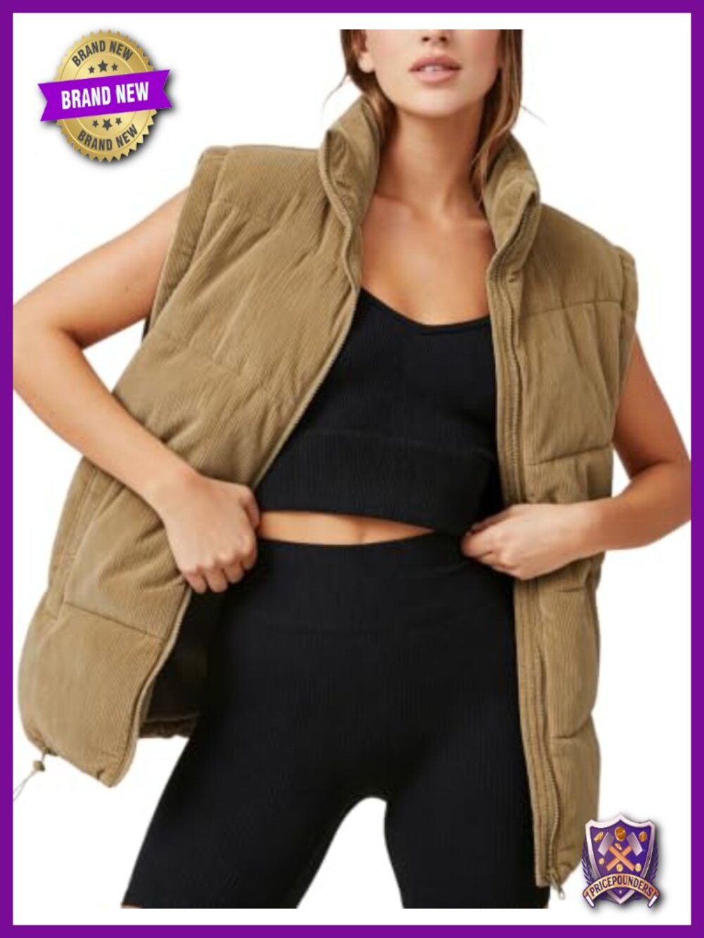 UANEO Corduroy Puffer Vest Zip Up Stand Collar Sleeveless Jacket